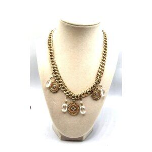 Vintage Necklace Multi-Strand Gold Tone Disc Charm & Clear Bead Necklace